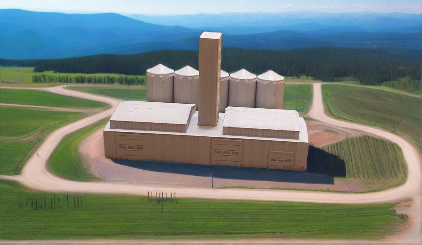 N scale grain manufacturing plant model, rear angle view