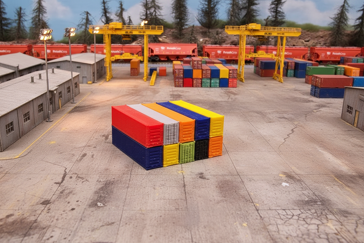 model shipping containers on model train table