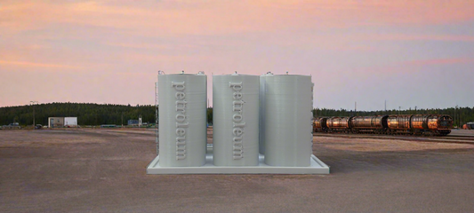 A model train set featuring gray petroleum storage terminal tanks with raised lettering, set against a twilight sky.