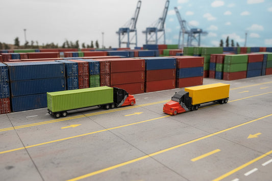 Model trucks and containers on a grassy area with trees and mountains in the background