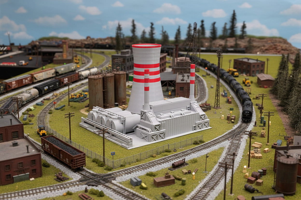 Model of a nuclear power plant with train tracks and surrounding structures.