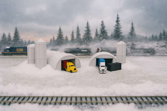 Model train set with snowy landscape, train tunnels, and model trucks.