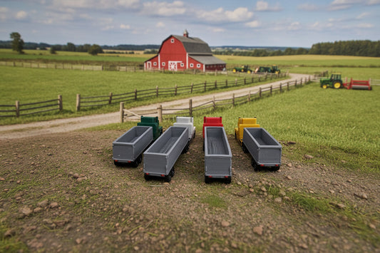 Model farm trucks on a track with a farm background