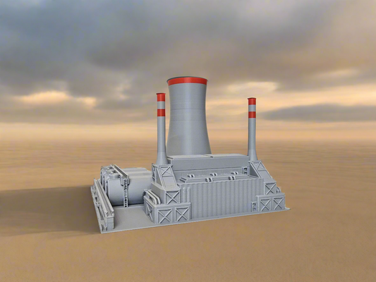 Model of a power plant with cooling towers against a cloudy sky