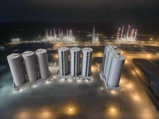 Three gray cylindrical objects with grid patterns on a beige surface