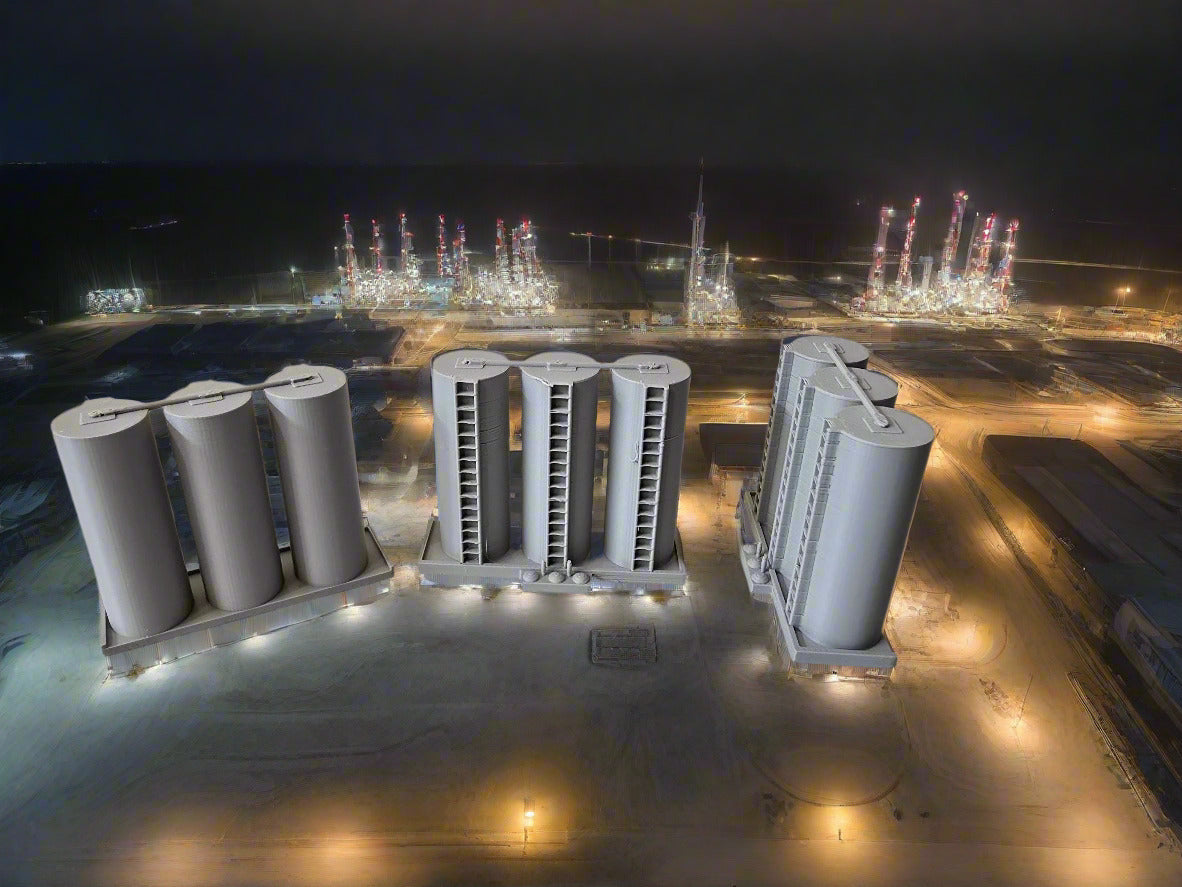 Three gray cylindrical objects with grid patterns on a beige surface