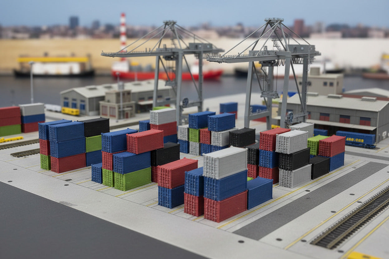 Colorful model shipping containers stacked on a textured white surface