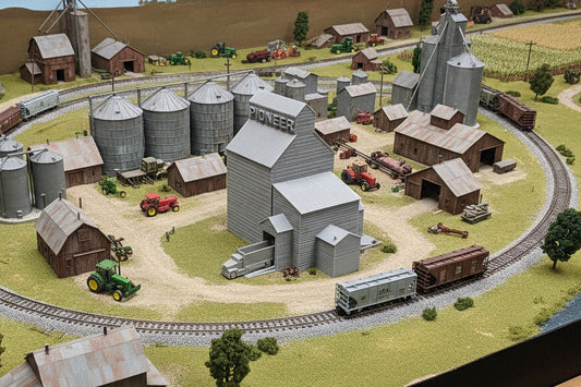 3D-printed model of a grain elevator with 'Pioneer' branding on a white background