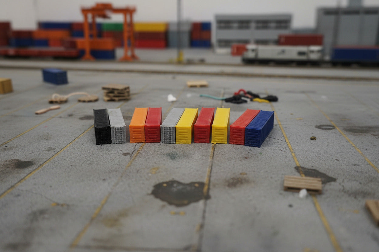 row of z scale containers on a model train layout.