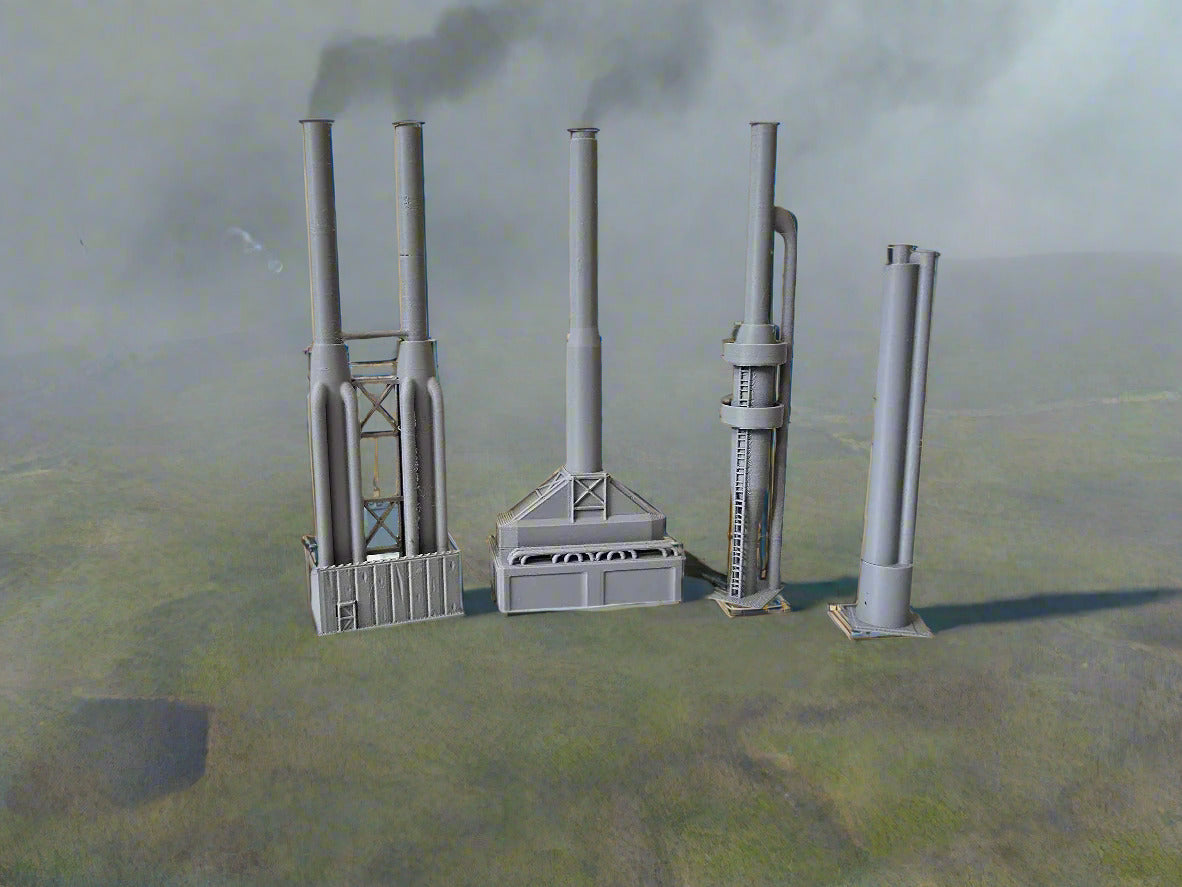 Set of gray 3D-printed model structures on a white surface with a beige background