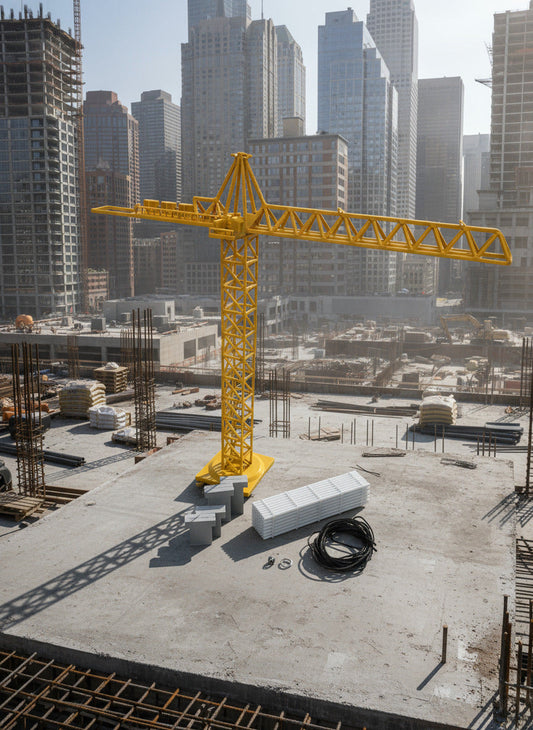 Yellow model crane on a concrete surface with a gray panel and black cable.
