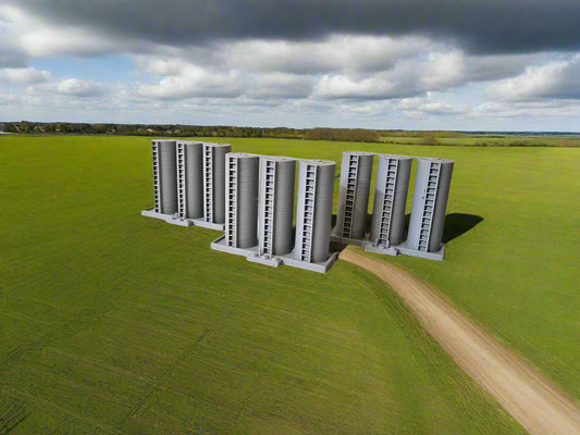 Set of small gray model buildings on a light surface with a neutral background