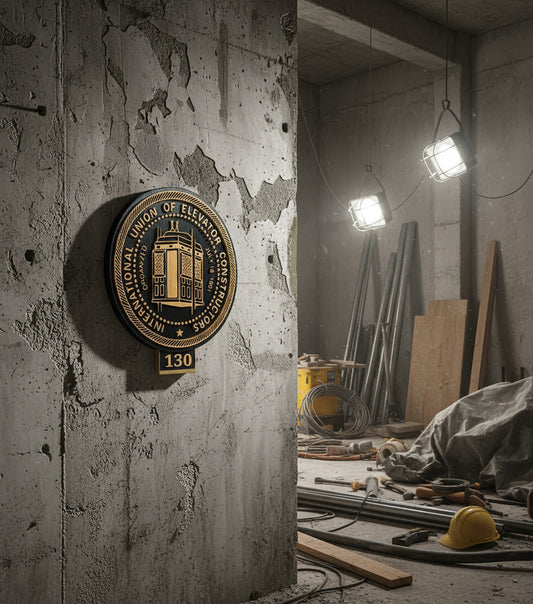Decorative plaque with elevator design on a white wall