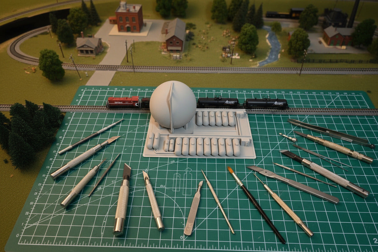 Model train set with a large round structure and two trains on a track.