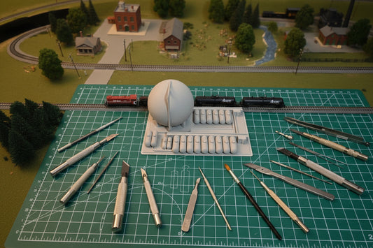 Model train set with a large round structure and two trains on a track.