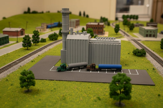 Model of a power plant with two trucks in front on a textured surface