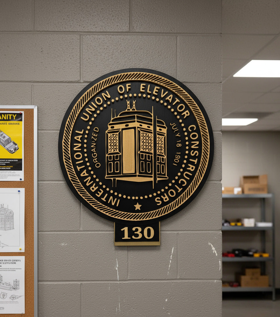 Decorative plaque with gold text and design on a beige background