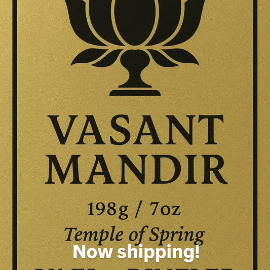 Vasant Mandir candle label packaging with black text on a gold hindi background-luxury religious scented candles with label and gold background