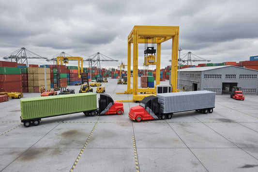 Model train set with cargo containers and a yellow crane on a track.