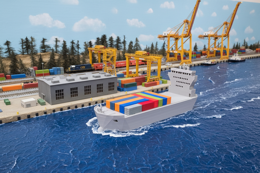 A model of a cargo container ship with colorful containers on the deck, placed on a blue surface with a model train and trees in the background.