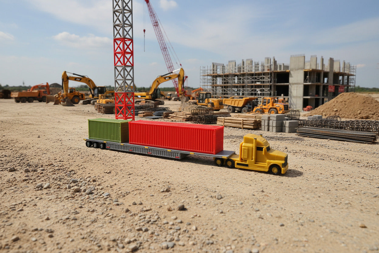 Model truck with red and green containers and a red and gray tower on a textured surface.