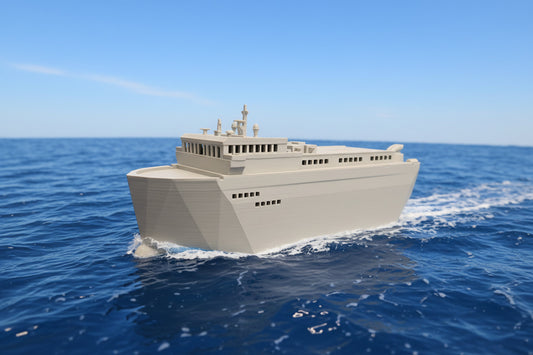 An N Scale Auto Carrier model train sitting at sea.