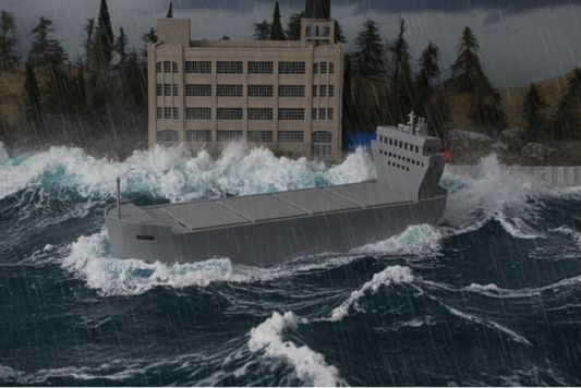 A Z Scale Bulk Ore / Grain Carrier Ship model placed in front of a model train setup with buildings and landscape.