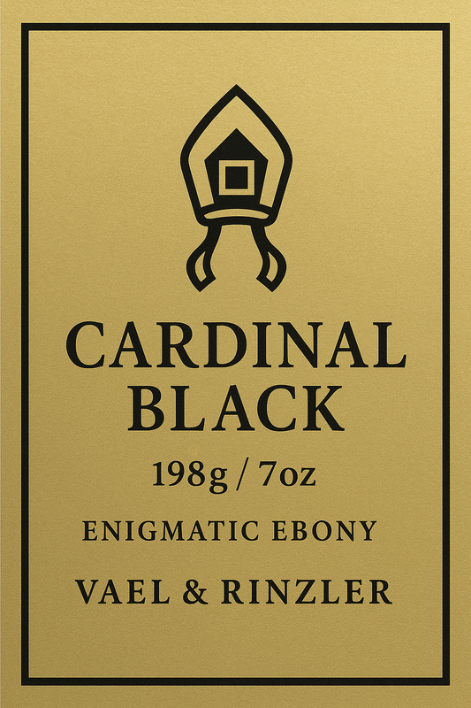 Cardinal Black packaging with Vael & Rinzler branding on a gold church religious papals hat background-luxury religious scented candles with label and gold background