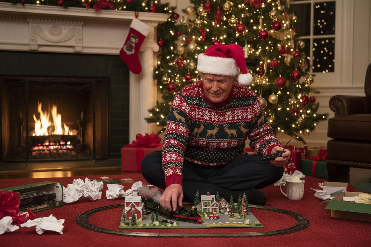 Donald Trump sitting on the floor in front of a christmas tree and wood burning fireplace playing with a toy train set he just opened.
