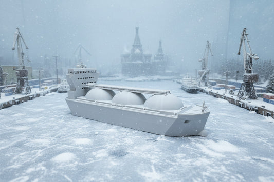 A model of an N Scale LNG Transport Ship on a model train layout with trees and sky in the background.