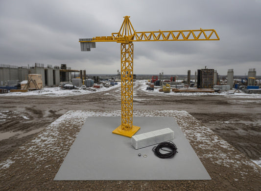 Model of a yellow crane on a gray platform with a white background