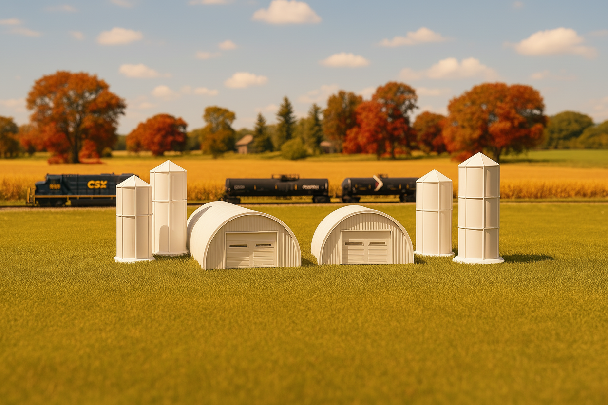 Model farm buildings and silos on a grassy field with a blue sky and clouds.