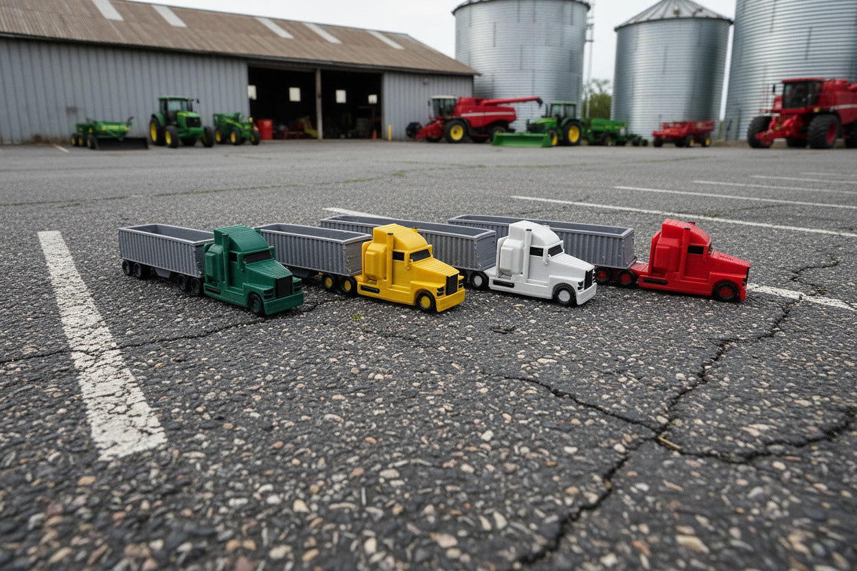 Four m scale grain trucks in a parking lot