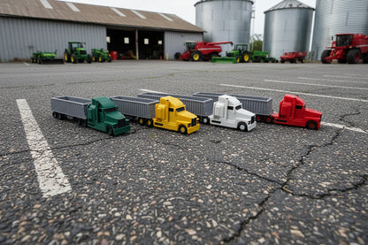 Four m scale grain trucks in a parking lot