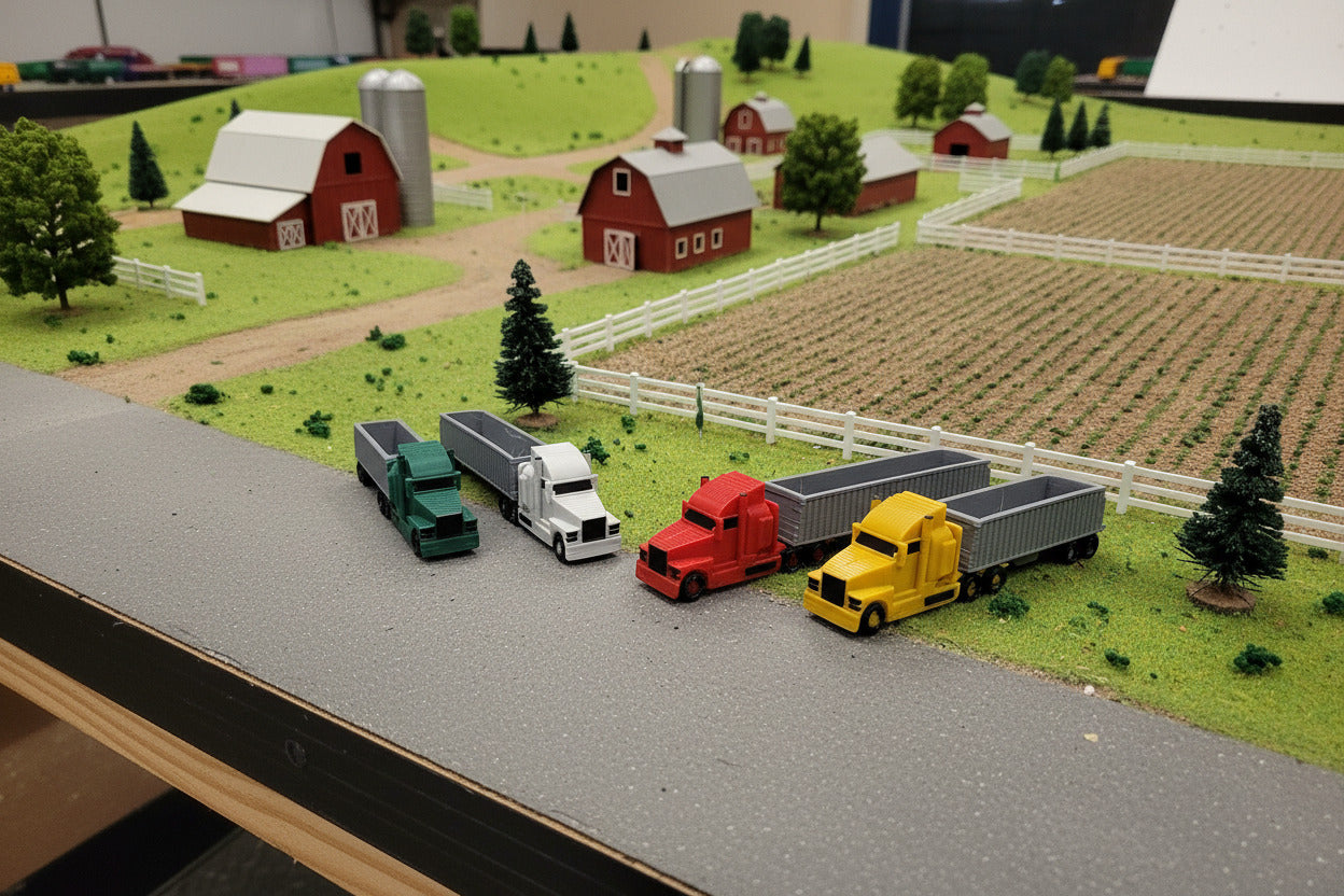 Model trucks on a farm layout with grain elevator
