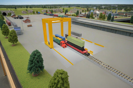 Model of a yellow n scale intermodal yard crane -parts