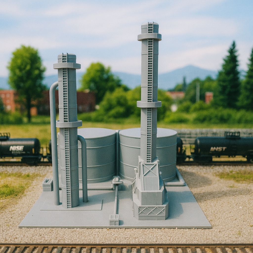 Model of a chemical plant with tanks and towers on a platform with tracks and greenery in the background.