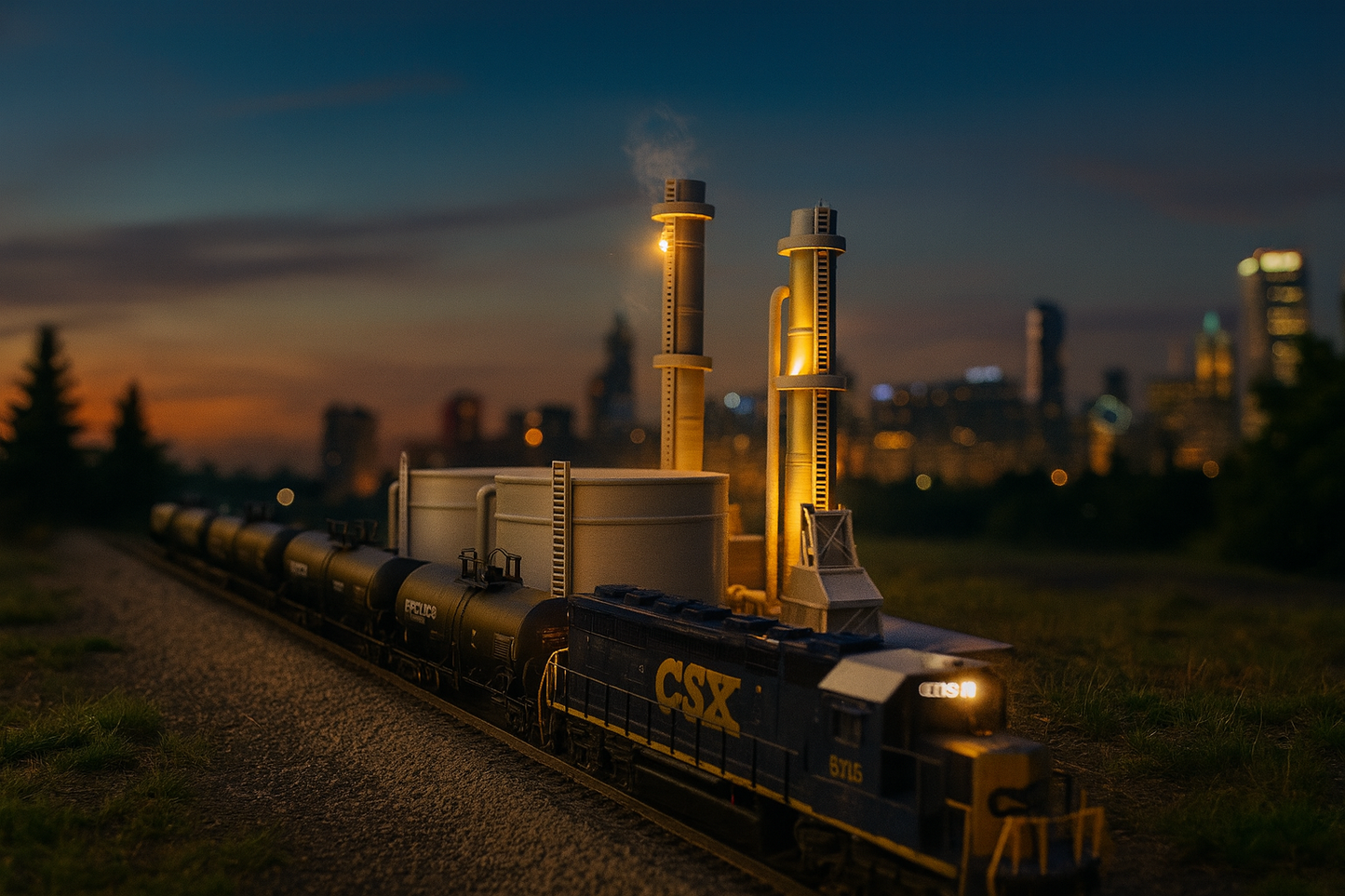 Model train set with CSX locomotive and cargo cars against a cityscape at dusk.