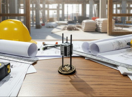 Small model of a building on a stand against a white background