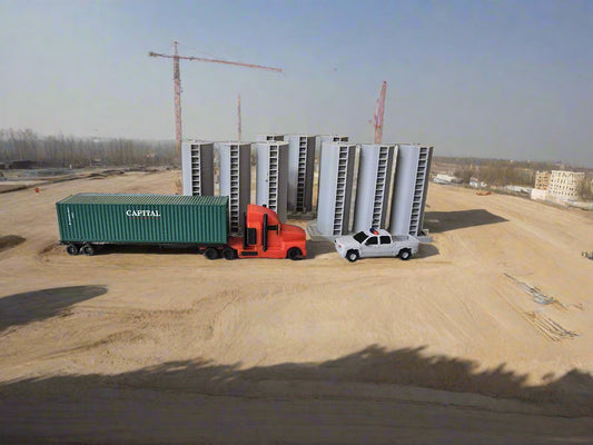 Model trucks and containers on a plain surface with a neutral background