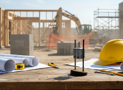 Small model of a building on a stand against a textured white background