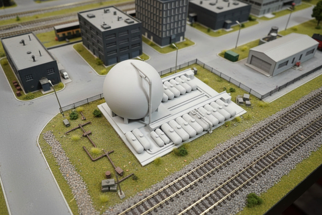 Gray plastic model kit on a white surface with packaging in the background