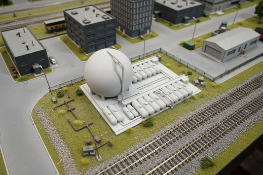 Gray plastic model kit on a white surface with packaging in the background