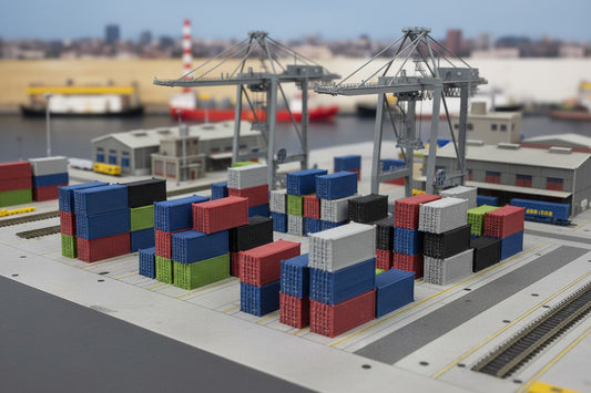 Colorful model shipping containers stacked on a textured white surface