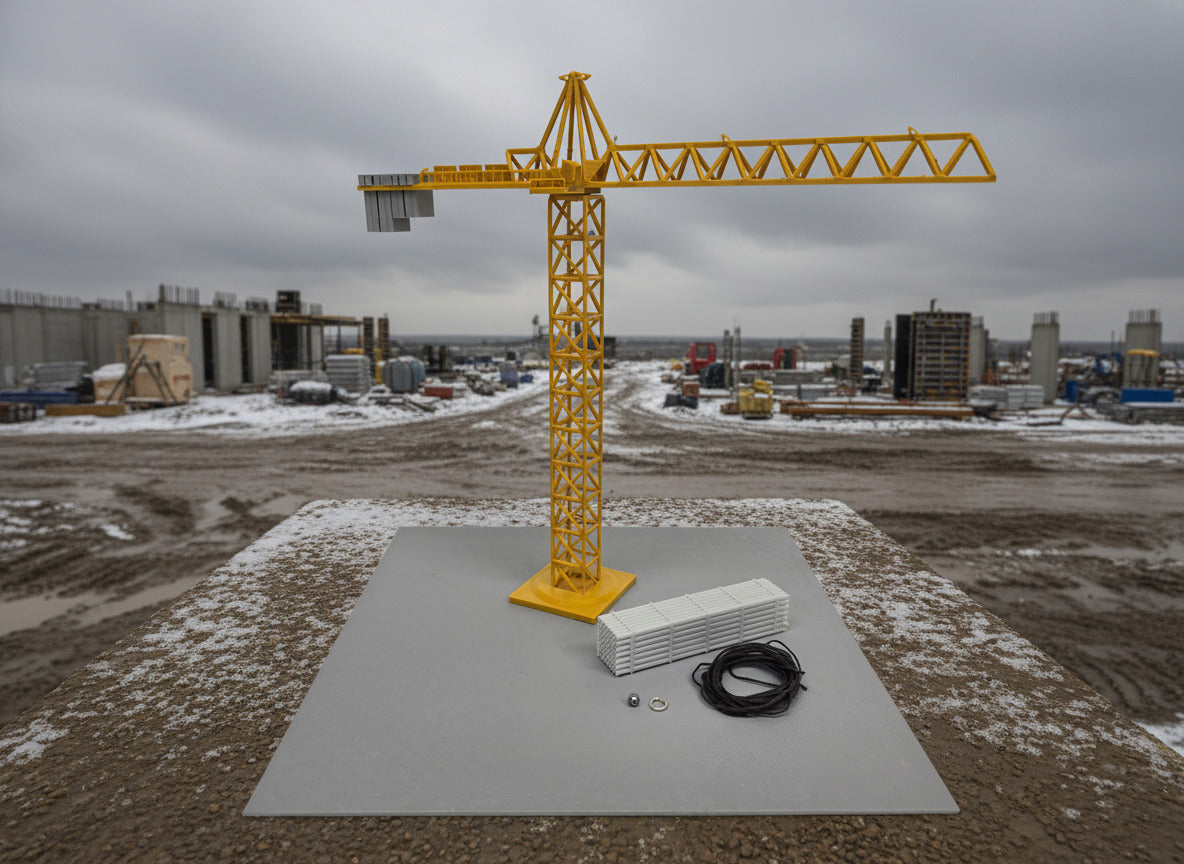 Model of a yellow crane on a gray platform with a white background