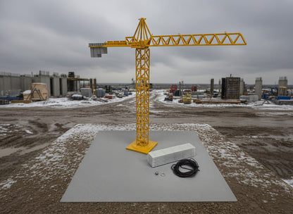 Model of a yellow crane on a gray platform with a white background