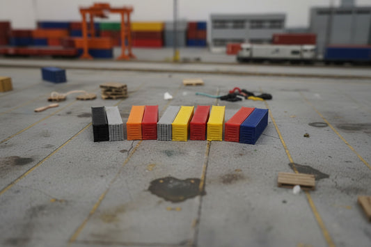 row of  z scale containers on a model train layout.