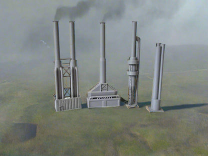 Set of gray 3D-printed model structures on a white surface with a beige background