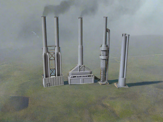 Set of gray 3D-printed model structures on a white surface with a beige background