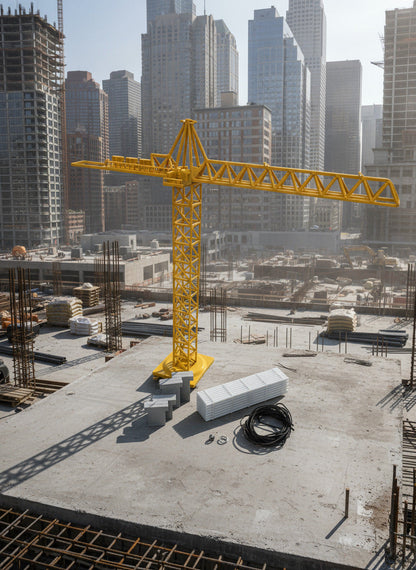 Yellow model crane on a concrete surface with a gray panel and black cable.